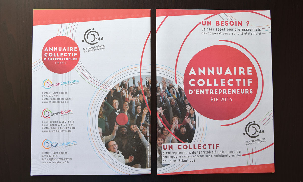 Photographie de la 1ère et de la 4ème de couverture de l'annuaire collectif d'entrepreneurs des Coopératives d'Activité et d'Emploi 44.